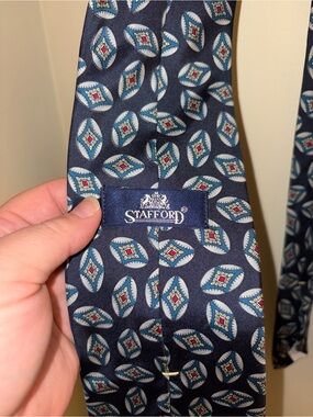 Stafford Navy Geometric Silk Tie with Light Blue and Red Accents‎